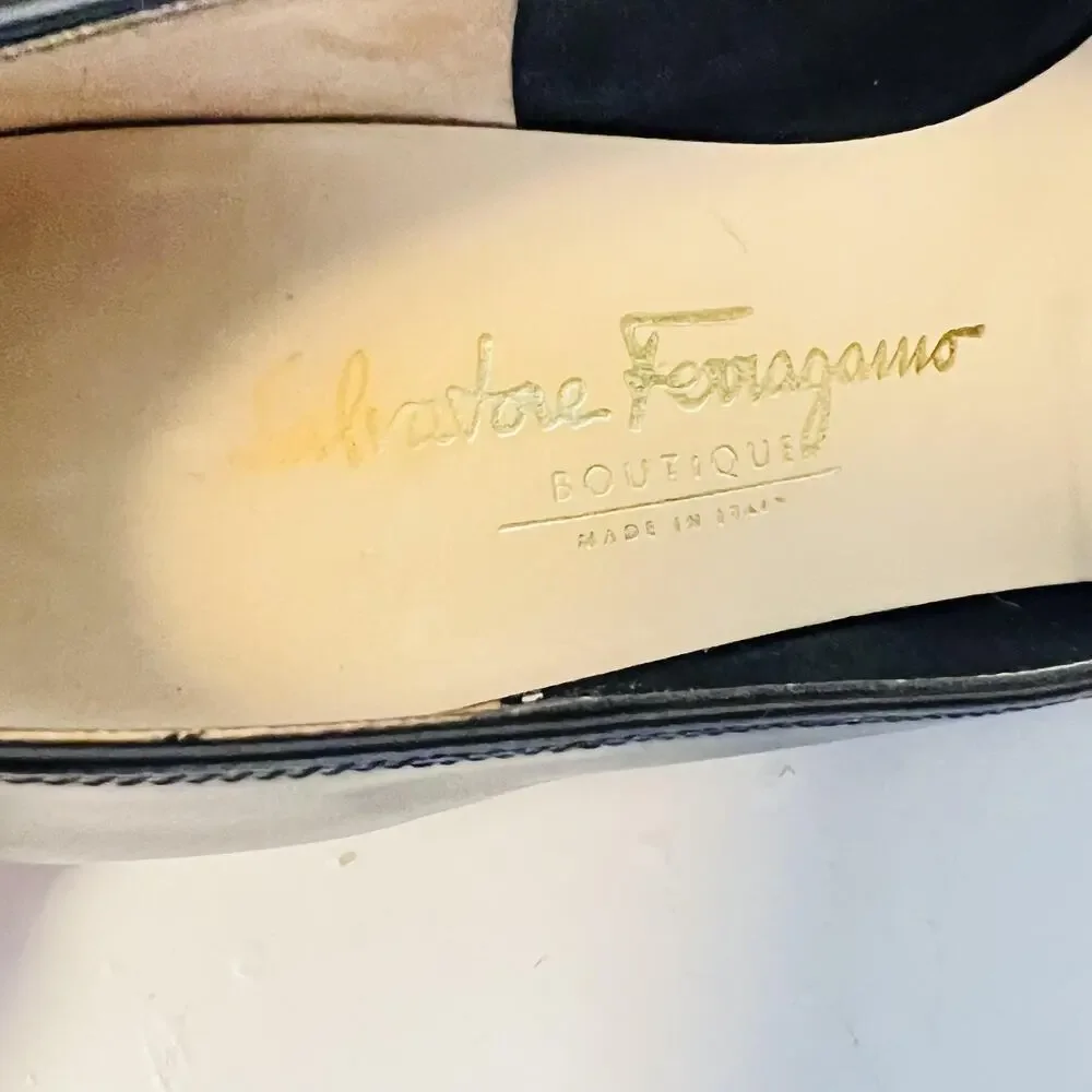 Salvatore Ferragamo Shoes Womens 7.5 Black Leather Wedge Pumps Square Cap Toe